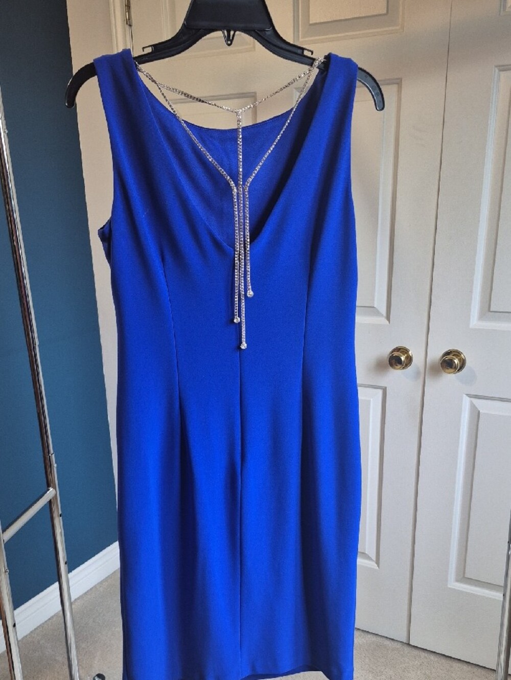 Joseph Ribkoff Cobalt Blue Sleeveless Sheath Dress with Chain Detail - Picture 2 of 4